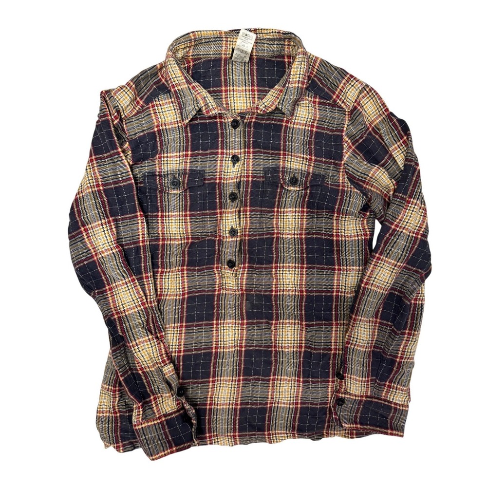Patagonia Womens Organic Cotton Plaid Flannel Henley Shirt‎ Navy Yellow Size 6